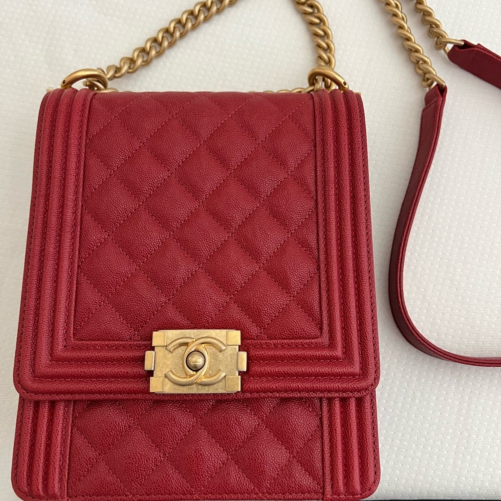 CHANEL Red Quilted Caviar North-South Boy Bag Crossbody with Gold Chain